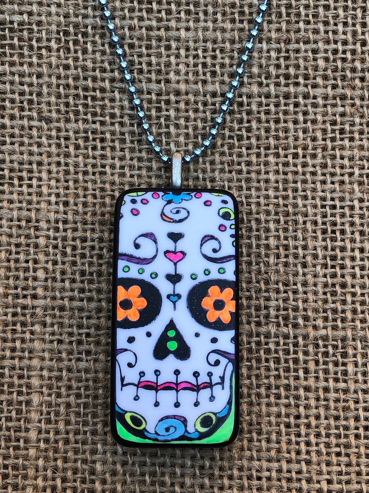 Day Of The Dead Painted Skeleton Face Upcycled Domino Pendant Necklace Dia De Los Muertos