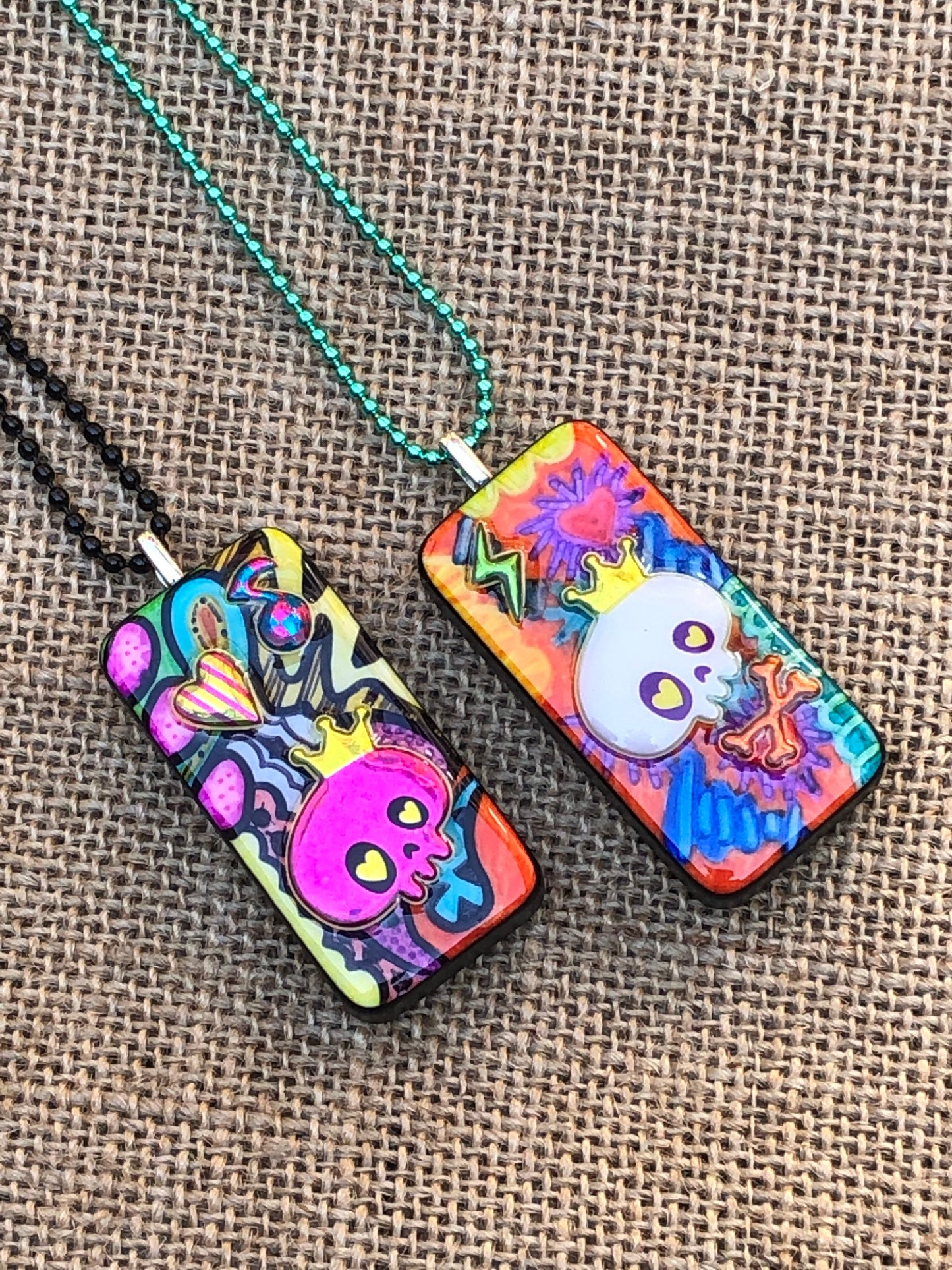 Doodled Graffiti Skulls Upcycled Domino Pendant Necklace YOU CHOOSE