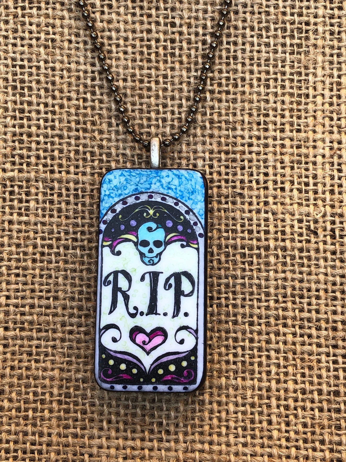 Creepy Cute R.I.P Rest in Peace Graveyard Headstone Upcycled Domino Pendant Necklace