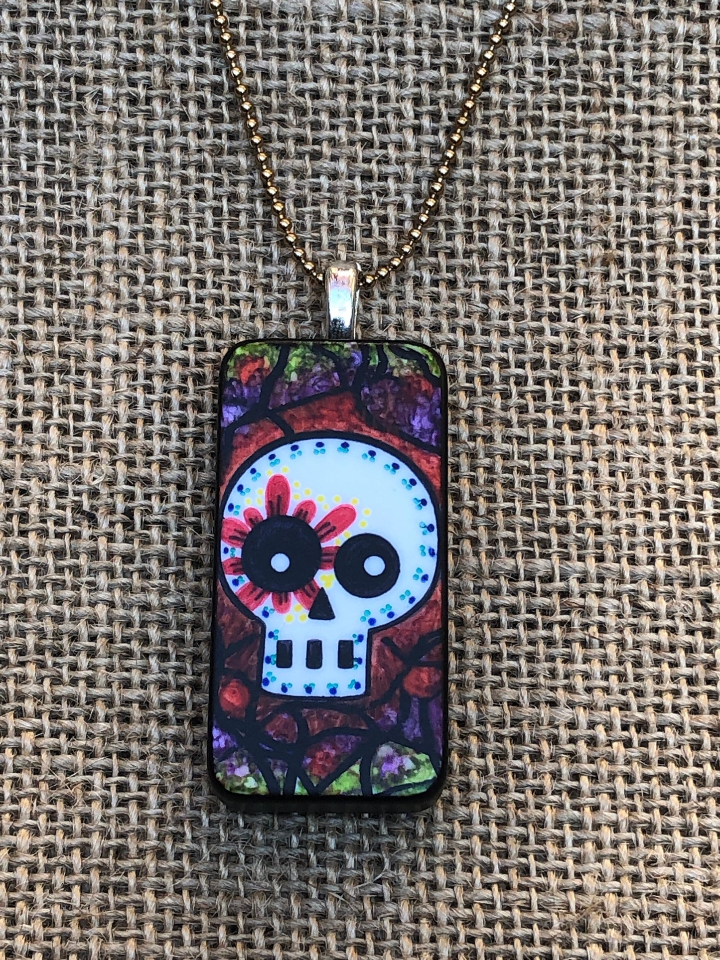 Batik Style Floral Skeleton Skull Upcycled Domino Pendant Necklace