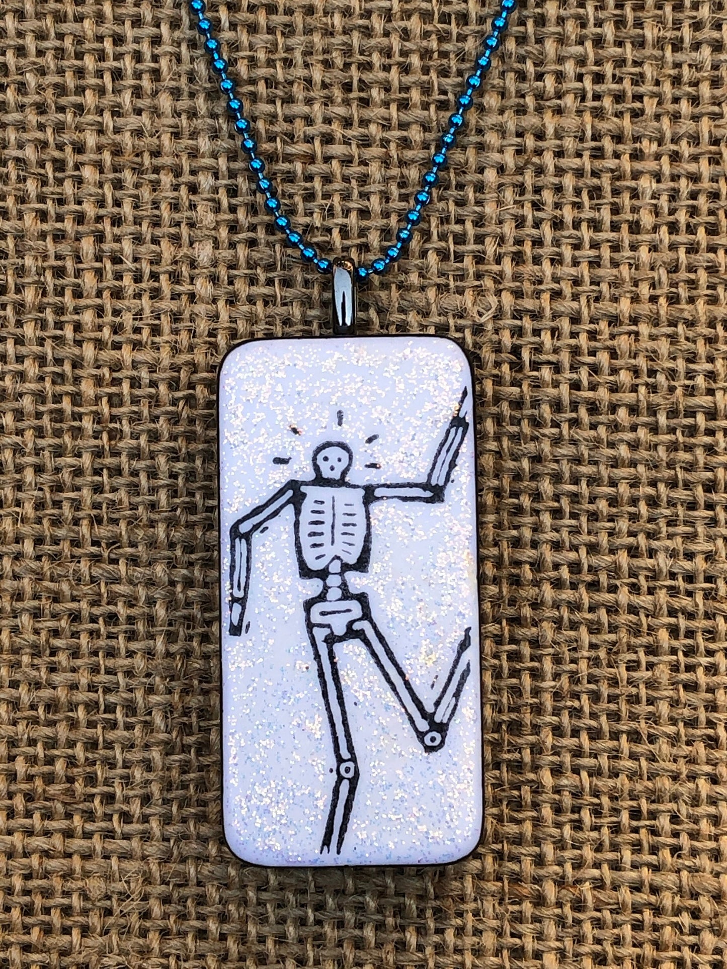 Skeleton Stick Man Glittery Upcycled Domino Pendant Necklace