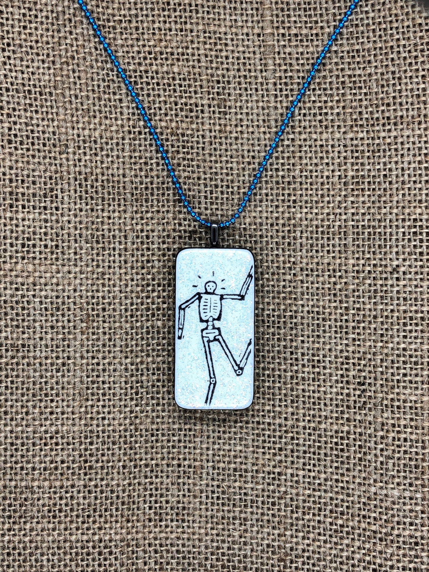 Skeleton Stick Man Glittery Upcycled Domino Pendant Necklace