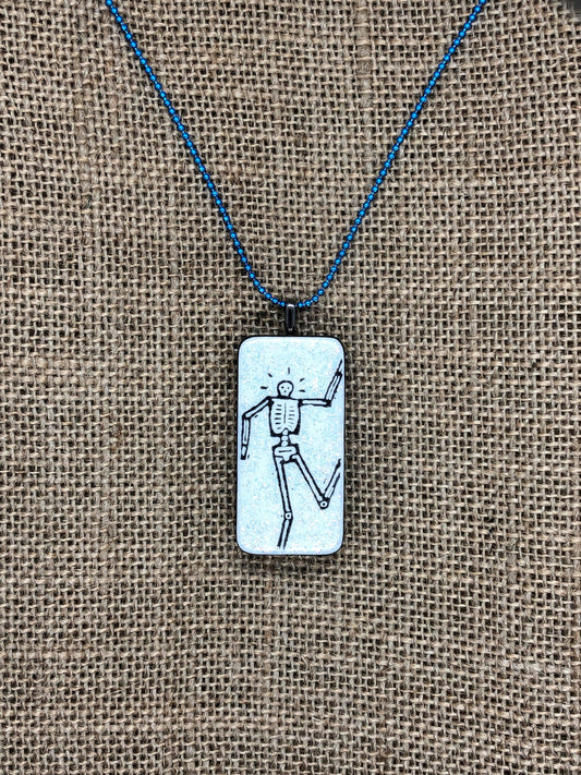 Skeleton Stick Man Glittery Upcycled Domino Pendant Necklace