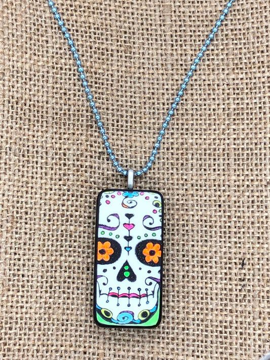 Day Of The Dead Painted Skeleton Face Upcycled Domino Pendant Necklace Dia De Los Muertos