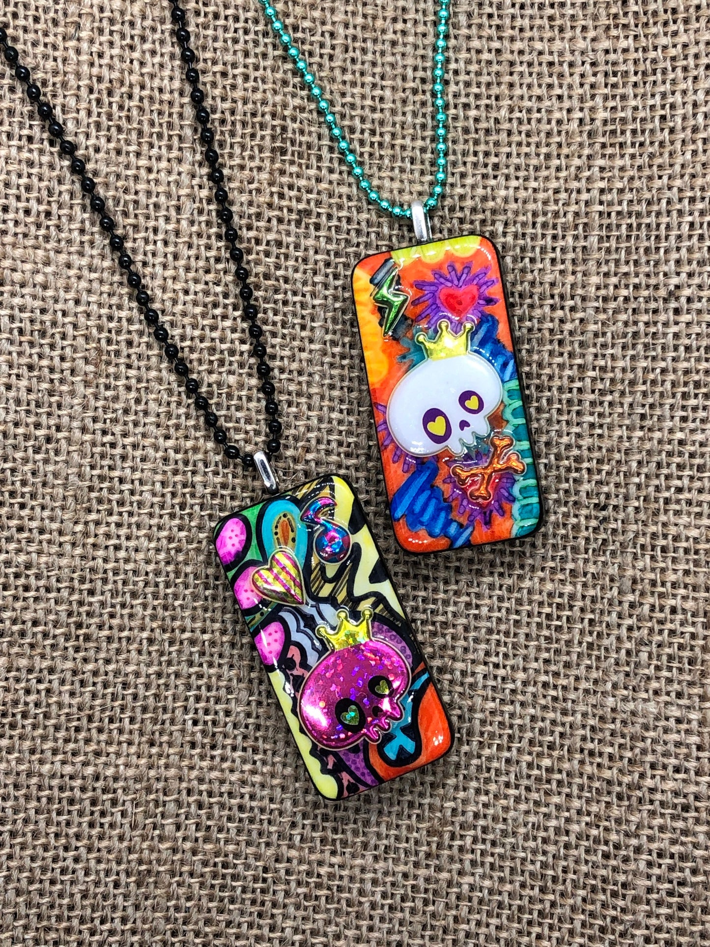 Doodled Graffiti Skulls Upcycled Domino Pendant Necklace YOU CHOOSE