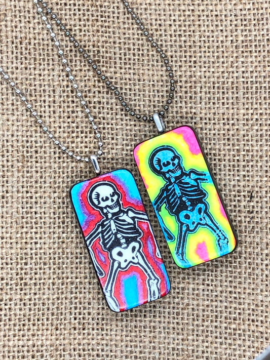 Radioactive Skeleton Skull Upcycled Domino Pendant Necklace YOU CHOOSE