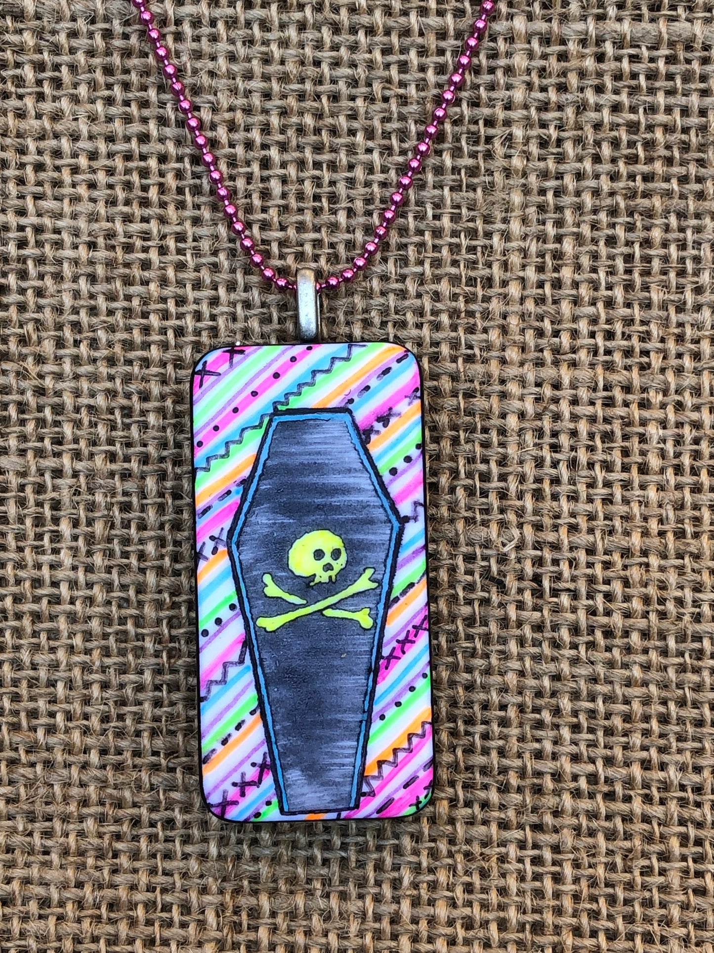 Creepy Cute Skeleton Coffin Upcycled Domino Pendant Necklace