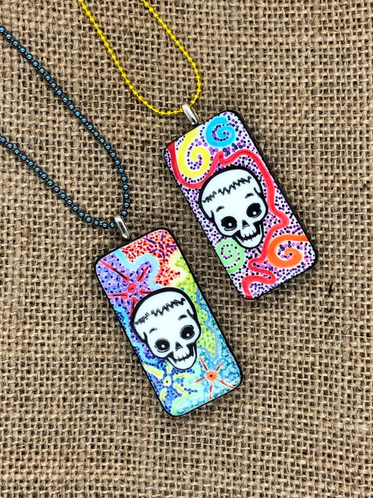 Doodled Skull Upcycled Domino Pendant Necklace YOU CHOOSE