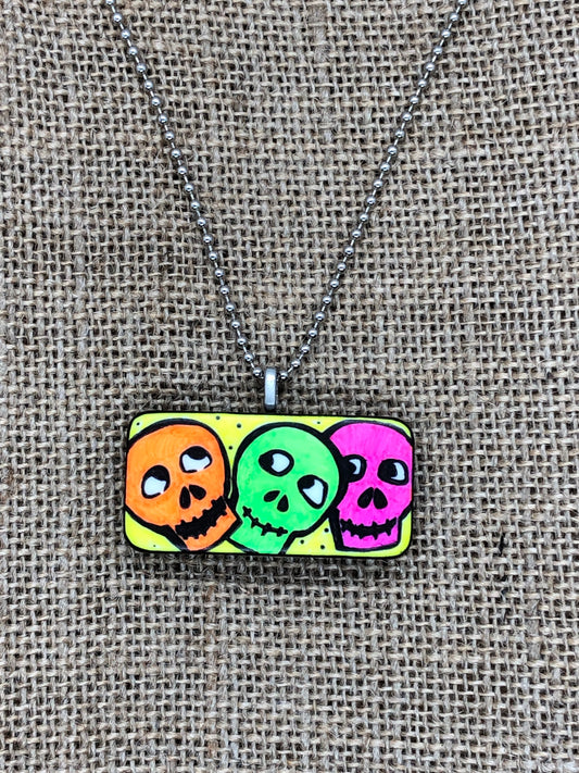 Creepy Cute Neon Skulls Upcycled Domino Pendant Necklace