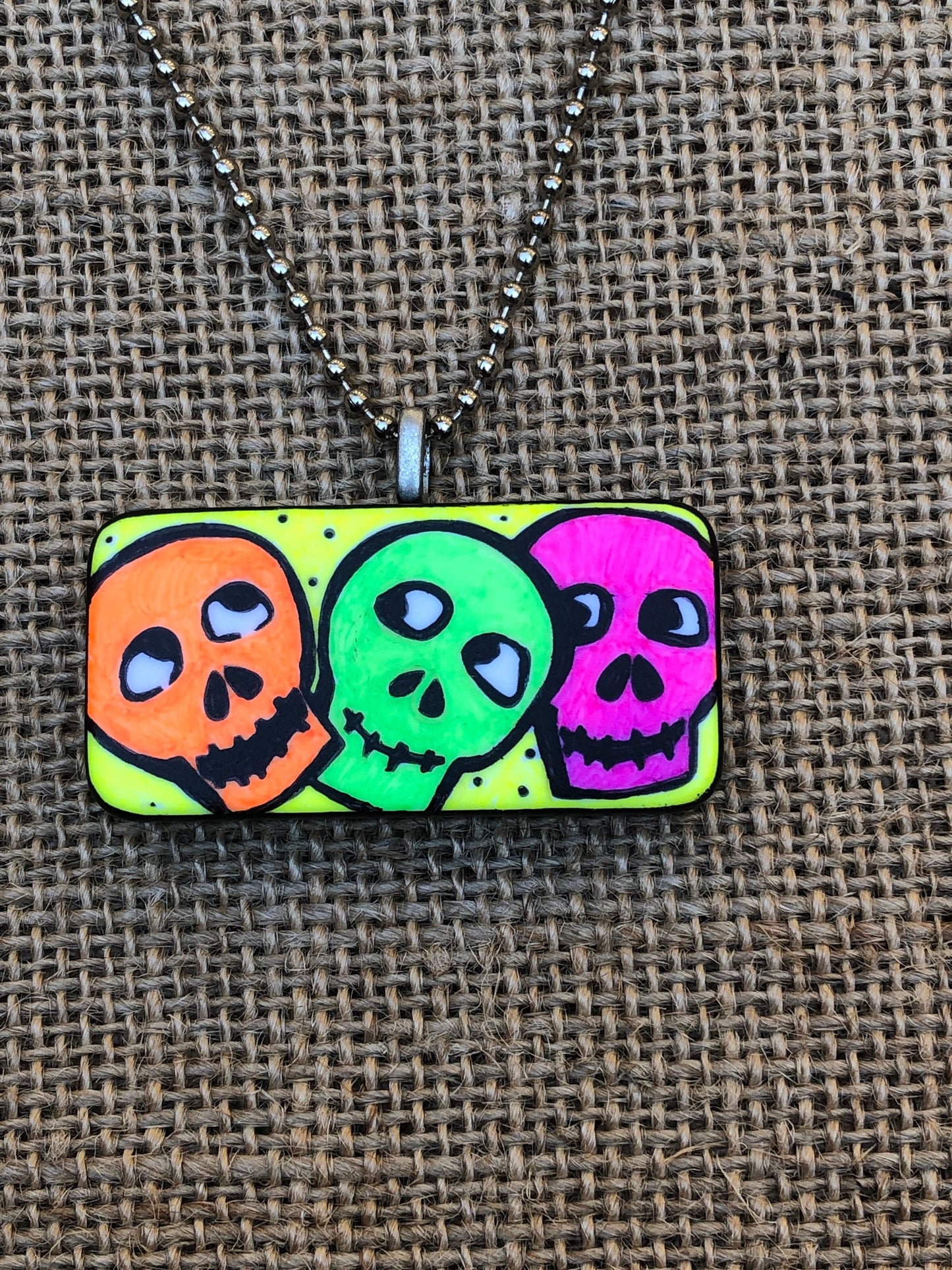 Creepy Cute Neon Skulls Upcycled Domino Pendant Necklace