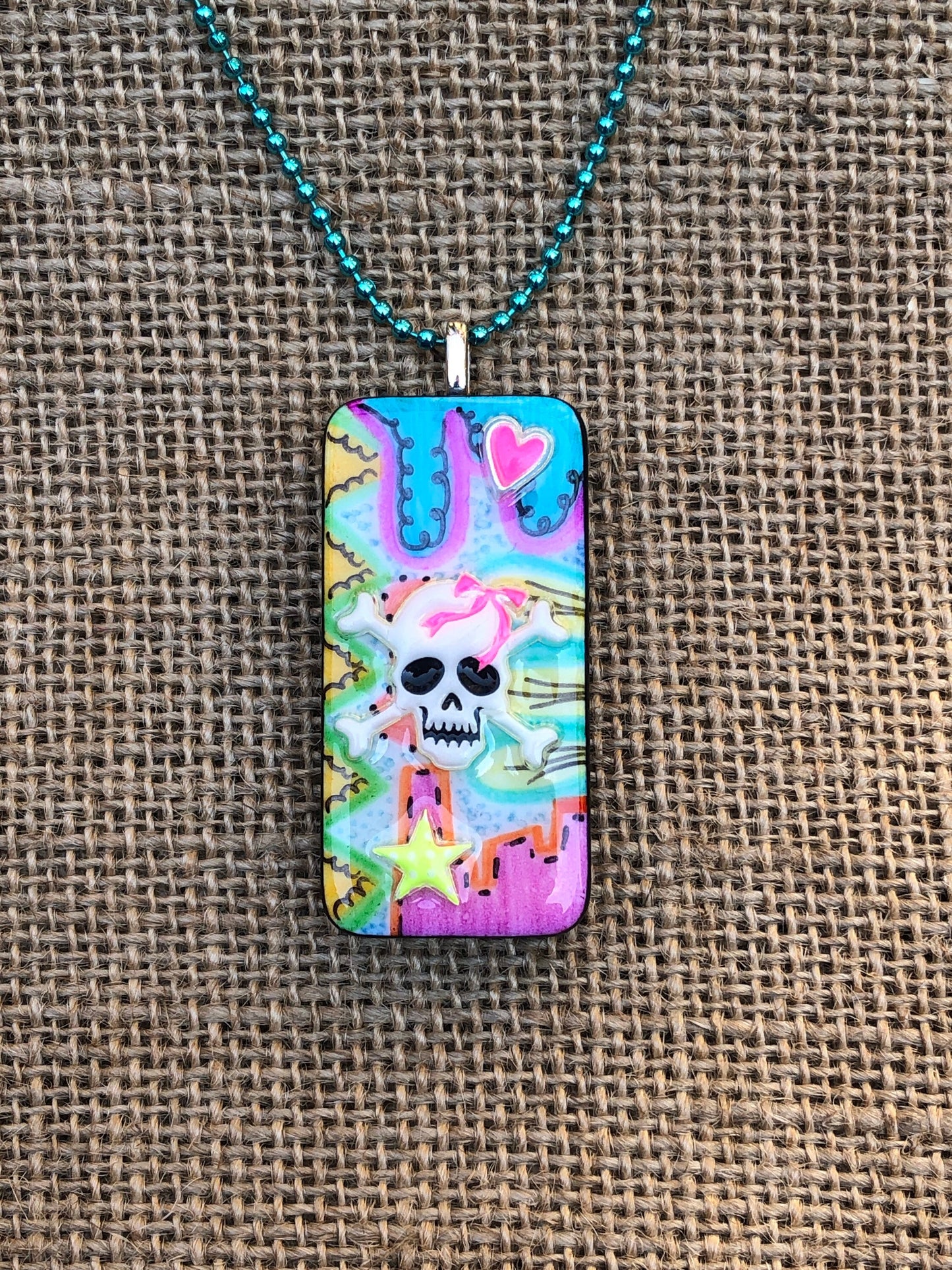 Girly Doodle Skeleton Skull Upcycled Domino Pendant Necklace