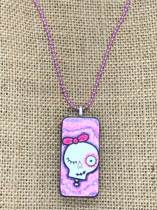 Winking Girl Skull Upcycled Domino Pendant Necklace