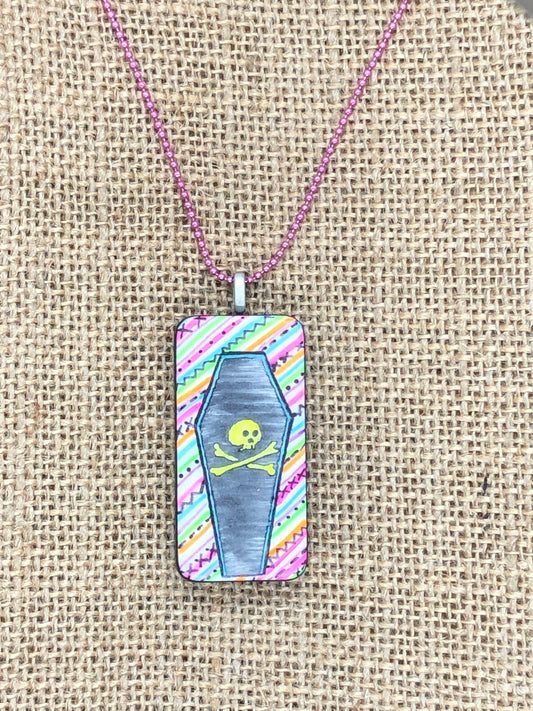 Creepy Cute Skeleton Coffin Upcycled Domino Pendant Necklace