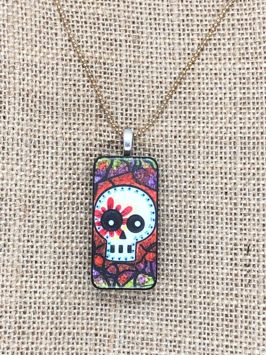 Batik Style Floral Skeleton Skull Upcycled Domino Pendant Necklace