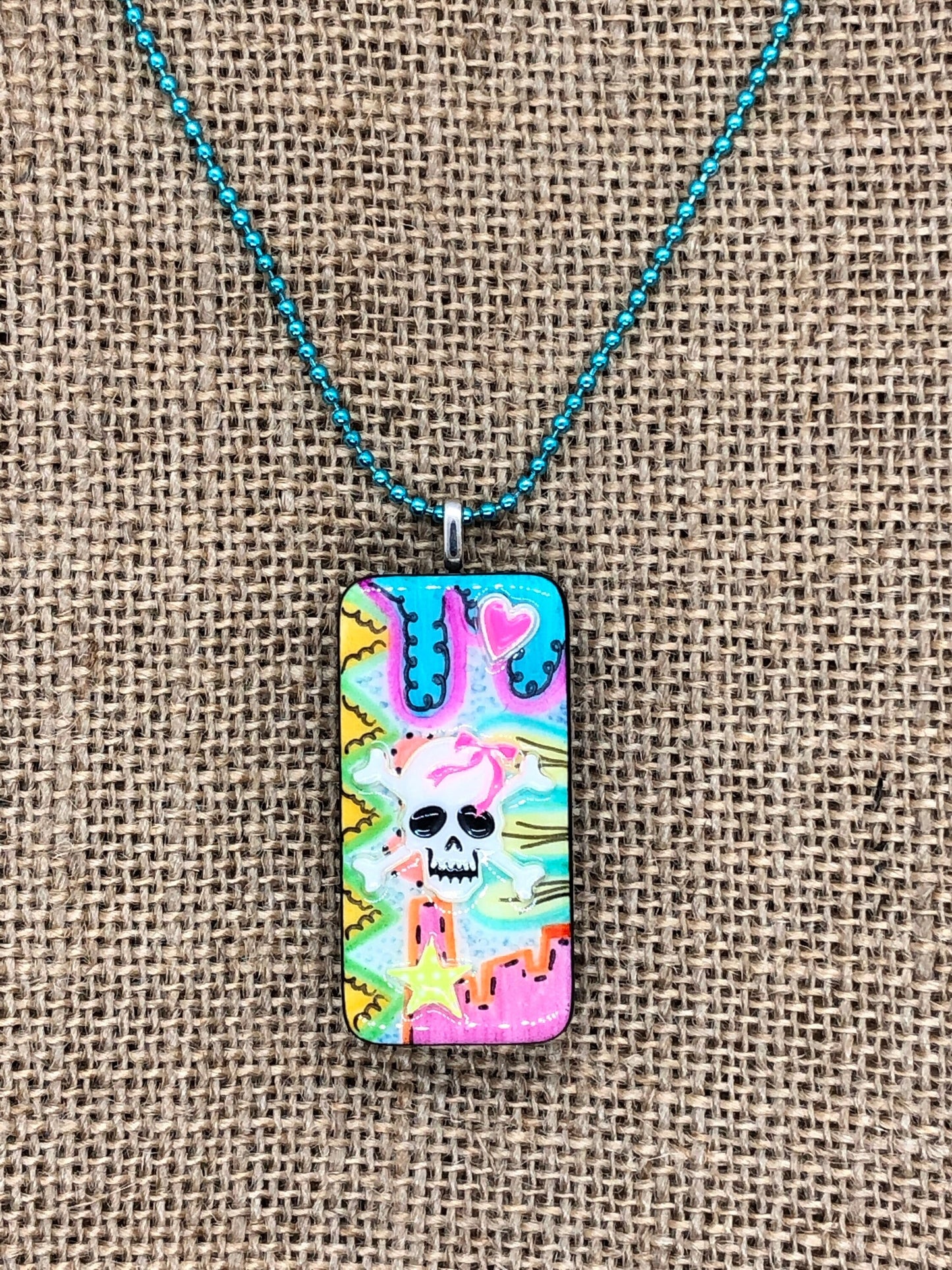 Girly Doodle Skeleton Skull Upcycled Domino Pendant Necklace