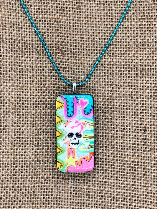 Girly Doodle Skeleton Skull Upcycled Domino Pendant Necklace