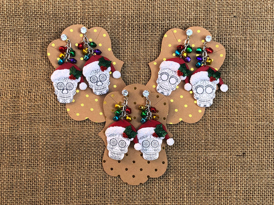 Colorful Christmas Jingle Bell Sugar Skull Statement Dangle Earrings YOU CHOOSE