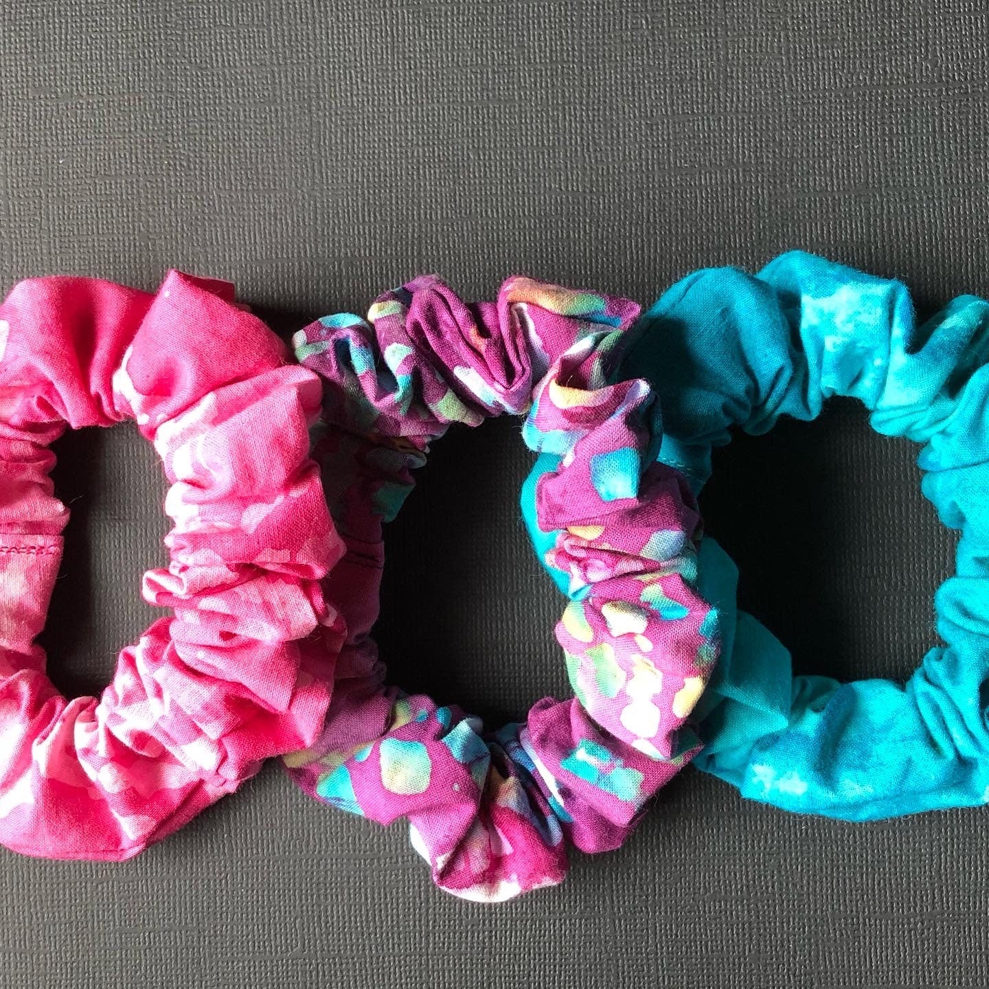 3pc Batik Patterned Handmade Hair Scrunchies Plum Turquoise Pink