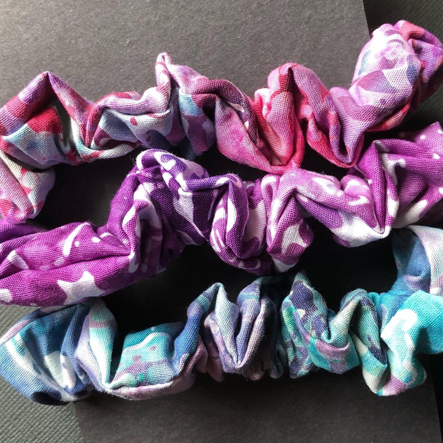 3pc Batik Patterned Handmade Hair Scrunchies Violet Turquoise Teal Berry