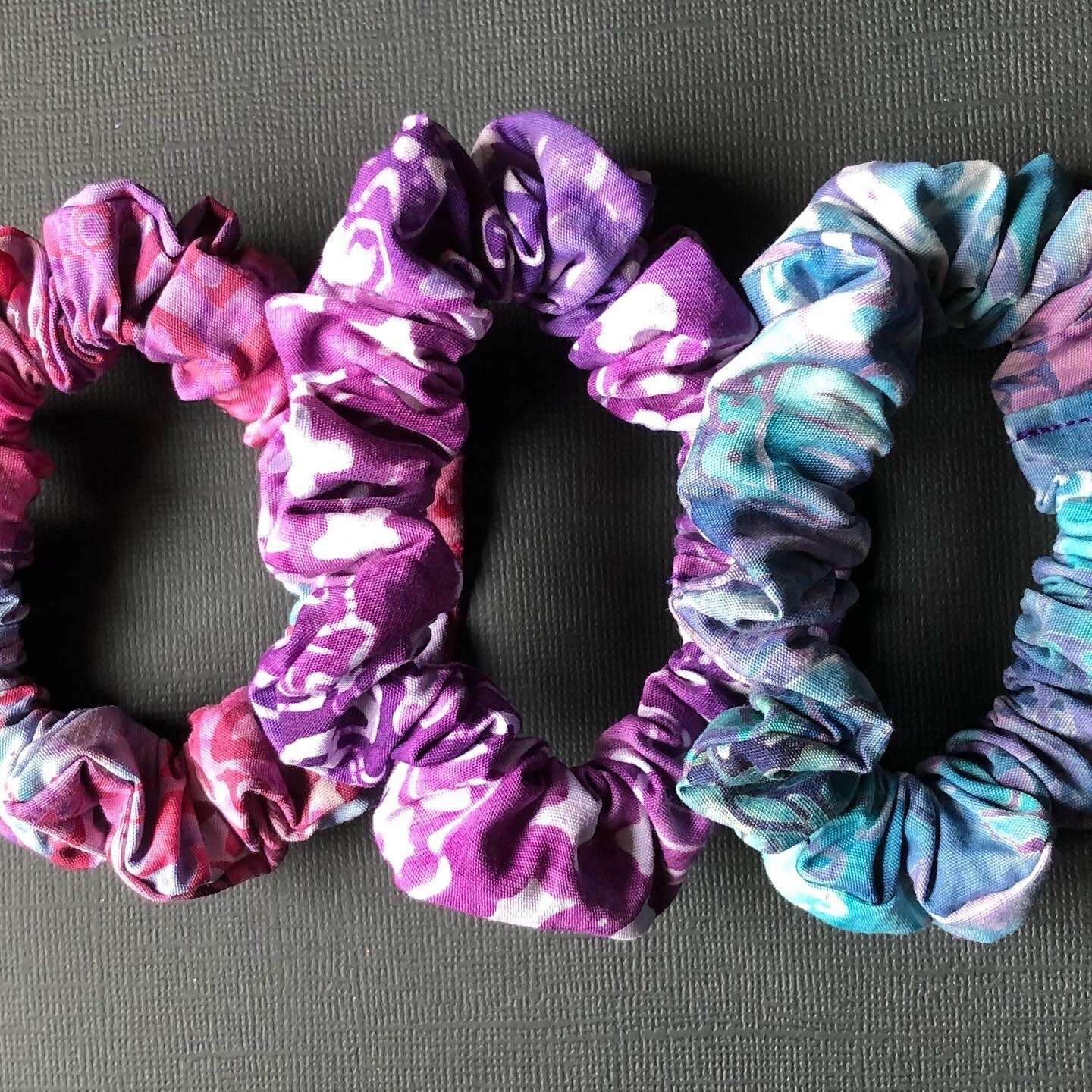 3pc Batik Patterned Handmade Hair Scrunchies Violet Turquoise Teal Berry