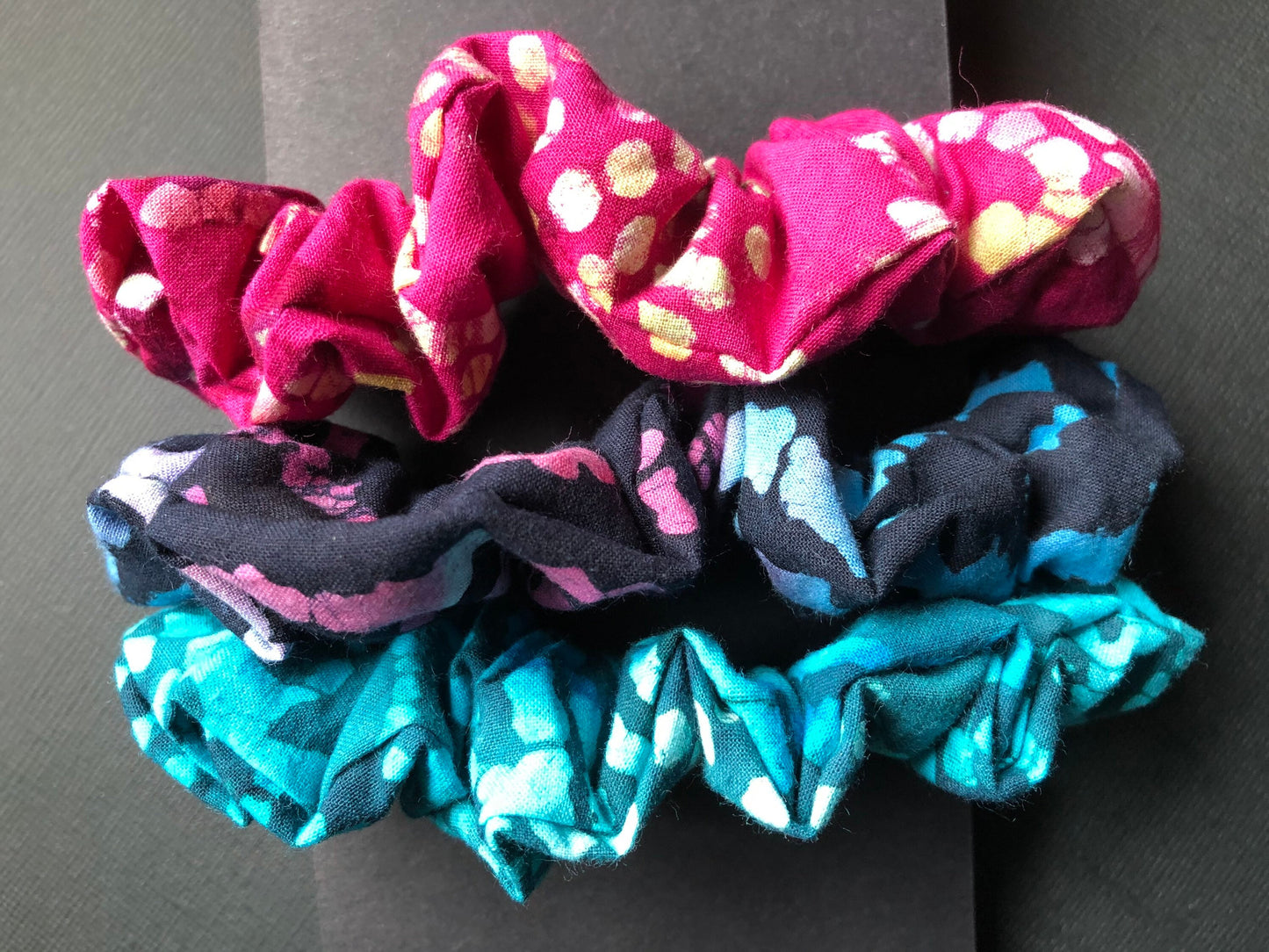 3pc Batik Patterned Handmade Hair Scrunchies Black Fuchsia Teal