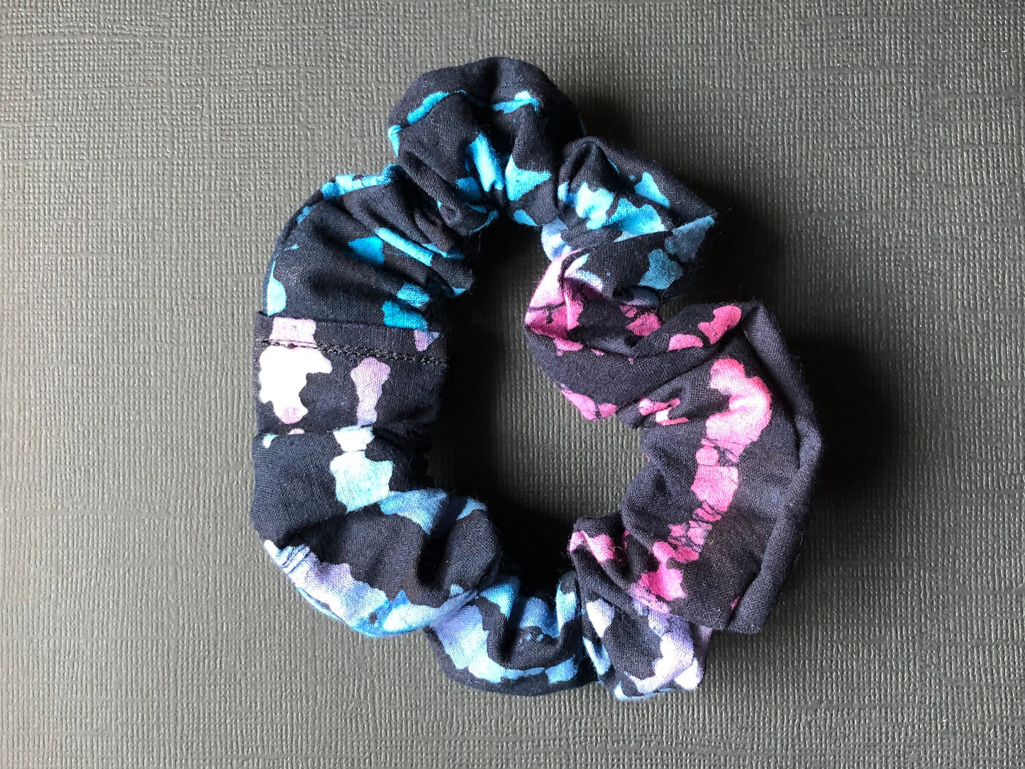 3pc Batik Patterned Handmade Hair Scrunchies Black Fuchsia Teal