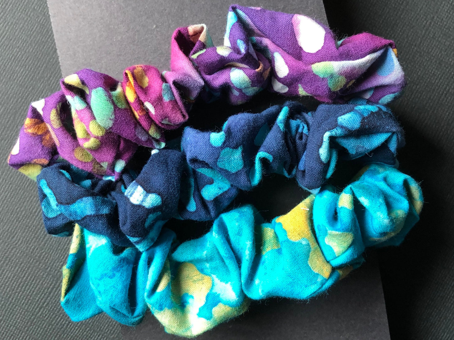 3pc Batik Patterned Handmade Hair Scrunchies Violet Blue Turquoise