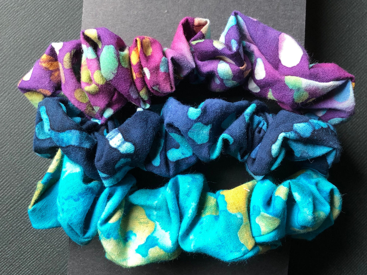 3pc Batik Patterned Handmade Hair Scrunchies Violet Blue Turquoise