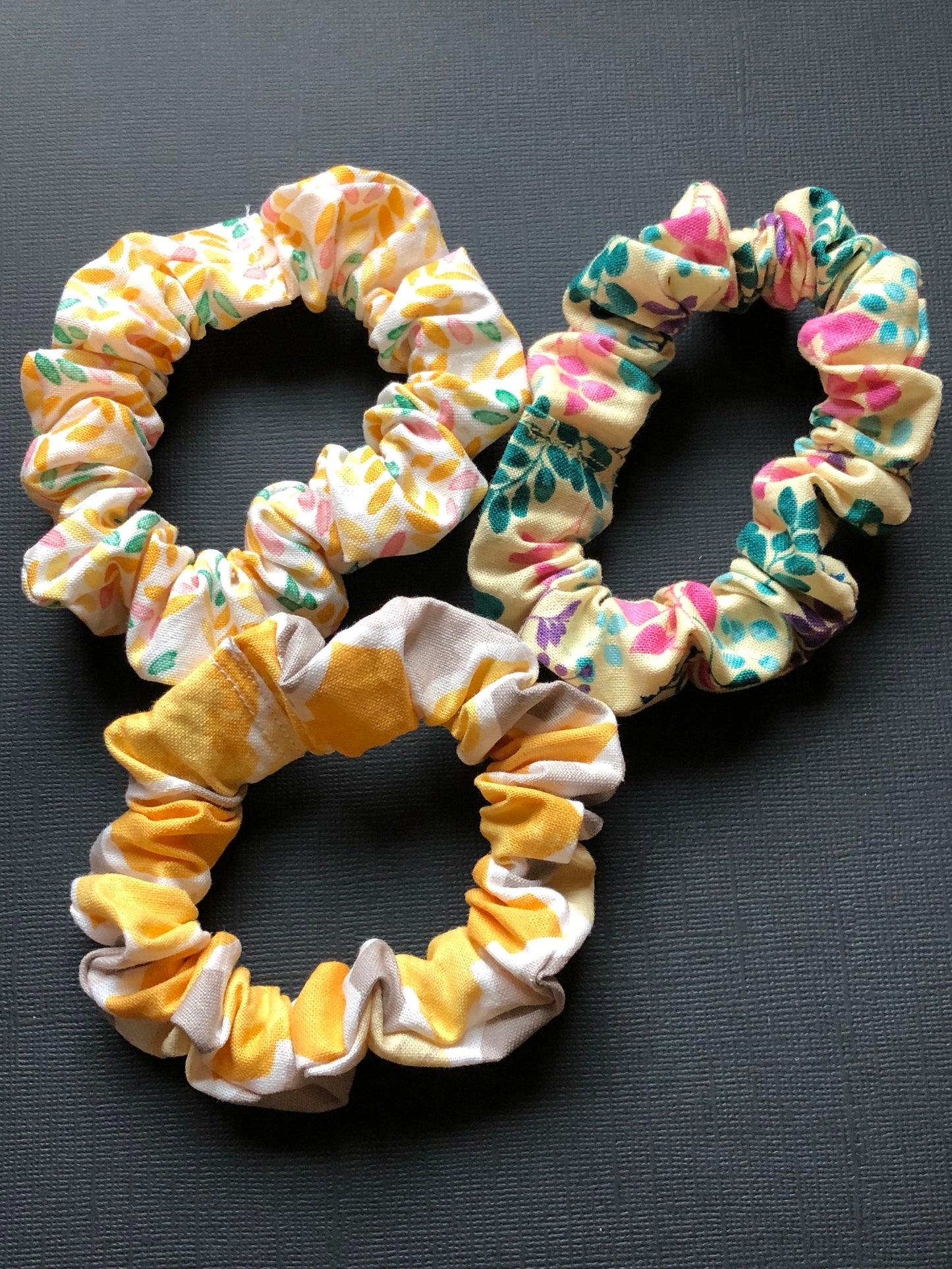 3pc Floral Patterned Handmade Hair Scrunchies Pale Yellow Gold Pink Purple