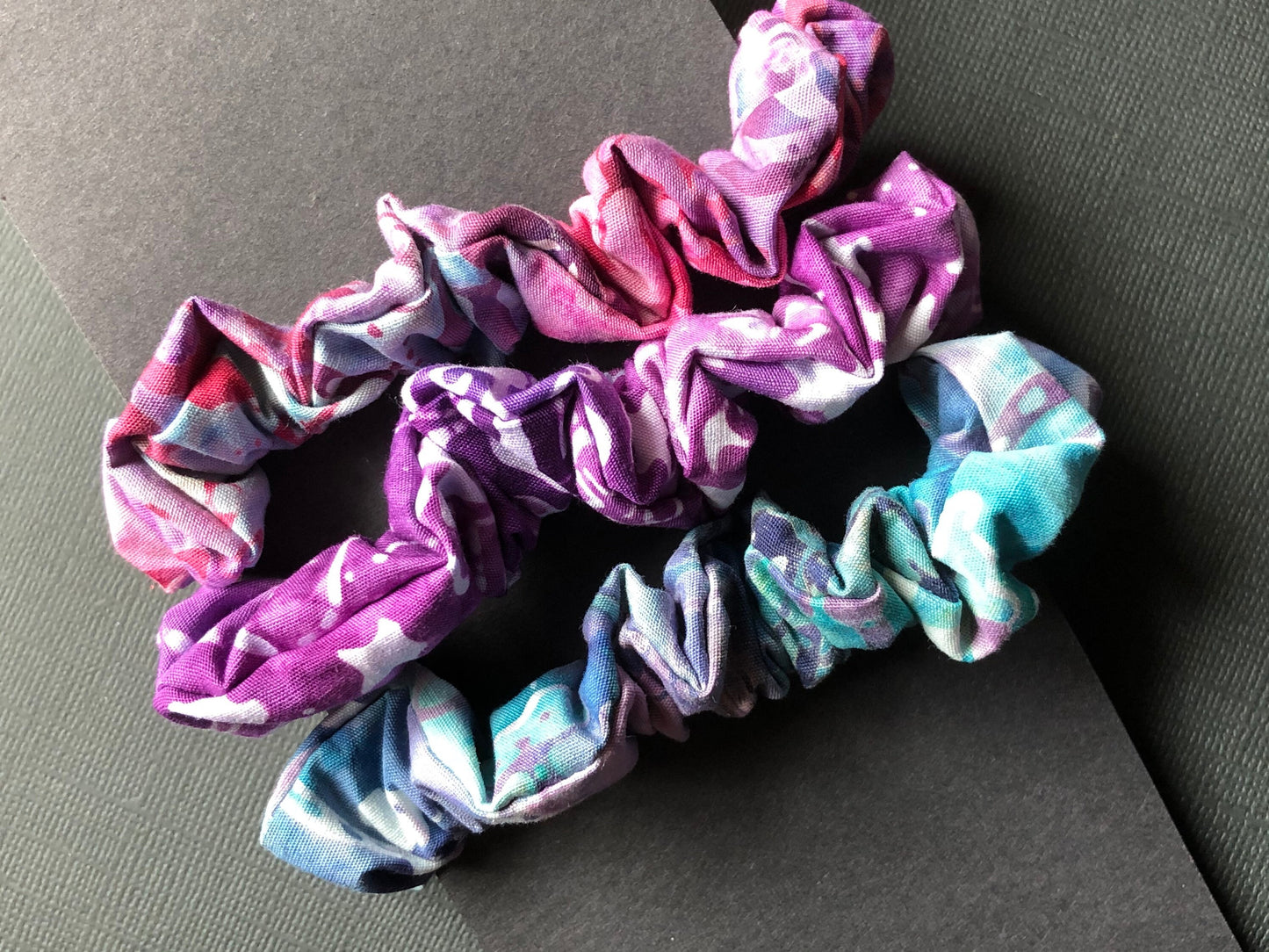 3pc Batik Patterned Handmade Hair Scrunchies Violet Turquoise Teal Berry