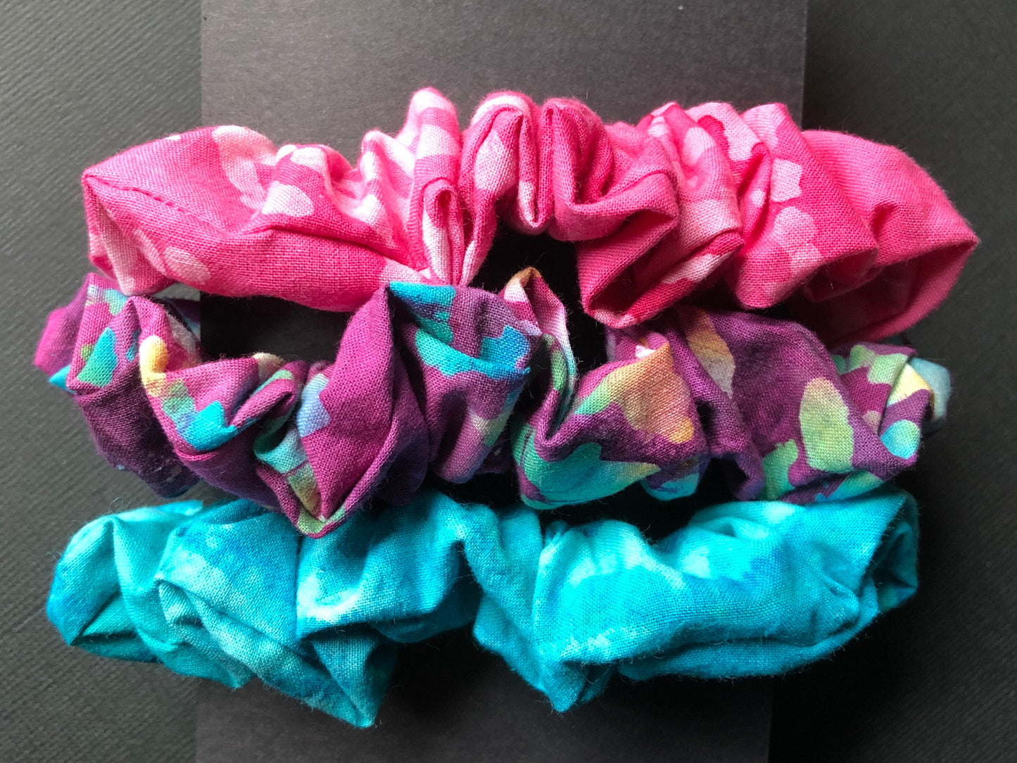 3pc Batik Patterned Handmade Hair Scrunchies Plum Turquoise Pink