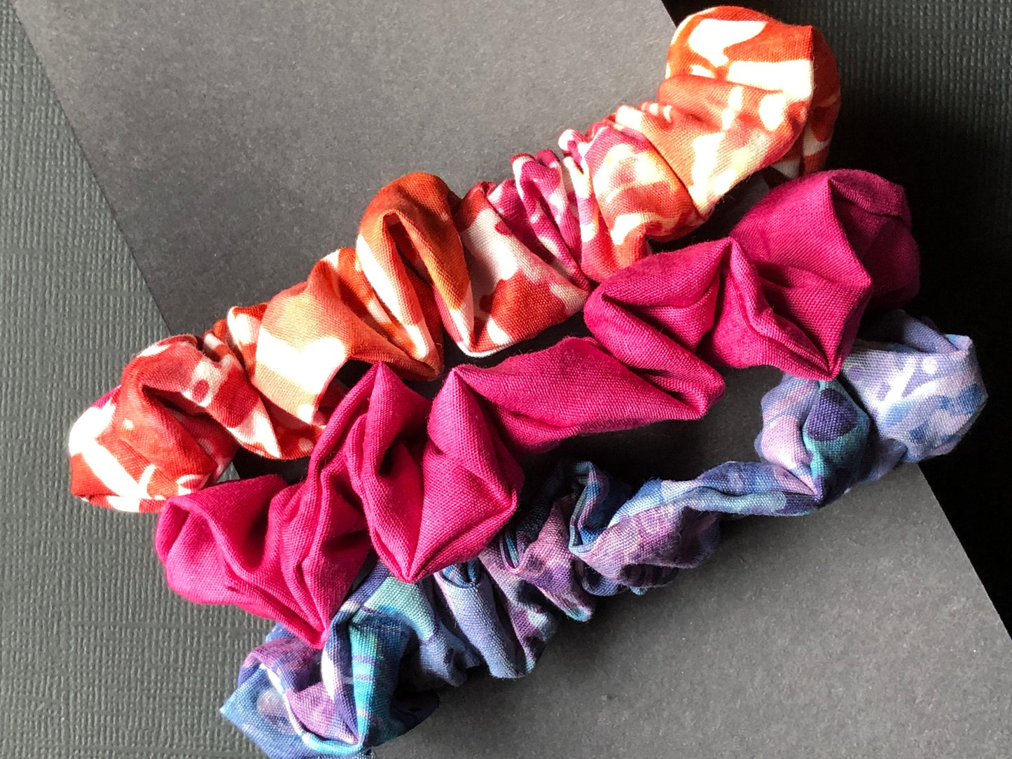 3pc Batik Patterned Handmade Hair Scrunchies Violet Orange Berry Gold