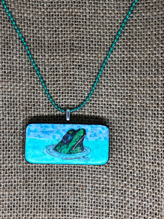 Swimming Pond Frog Amphibian Upcycled Domino Pendant Necklace