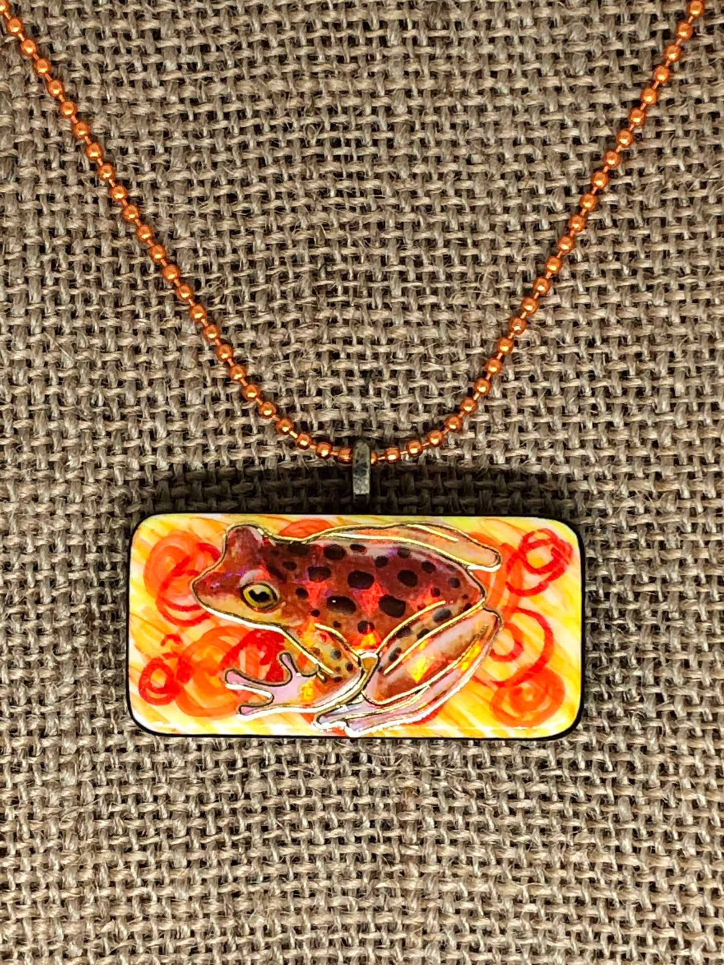 Orange Frog Upcycled Domino Pendant Necklace