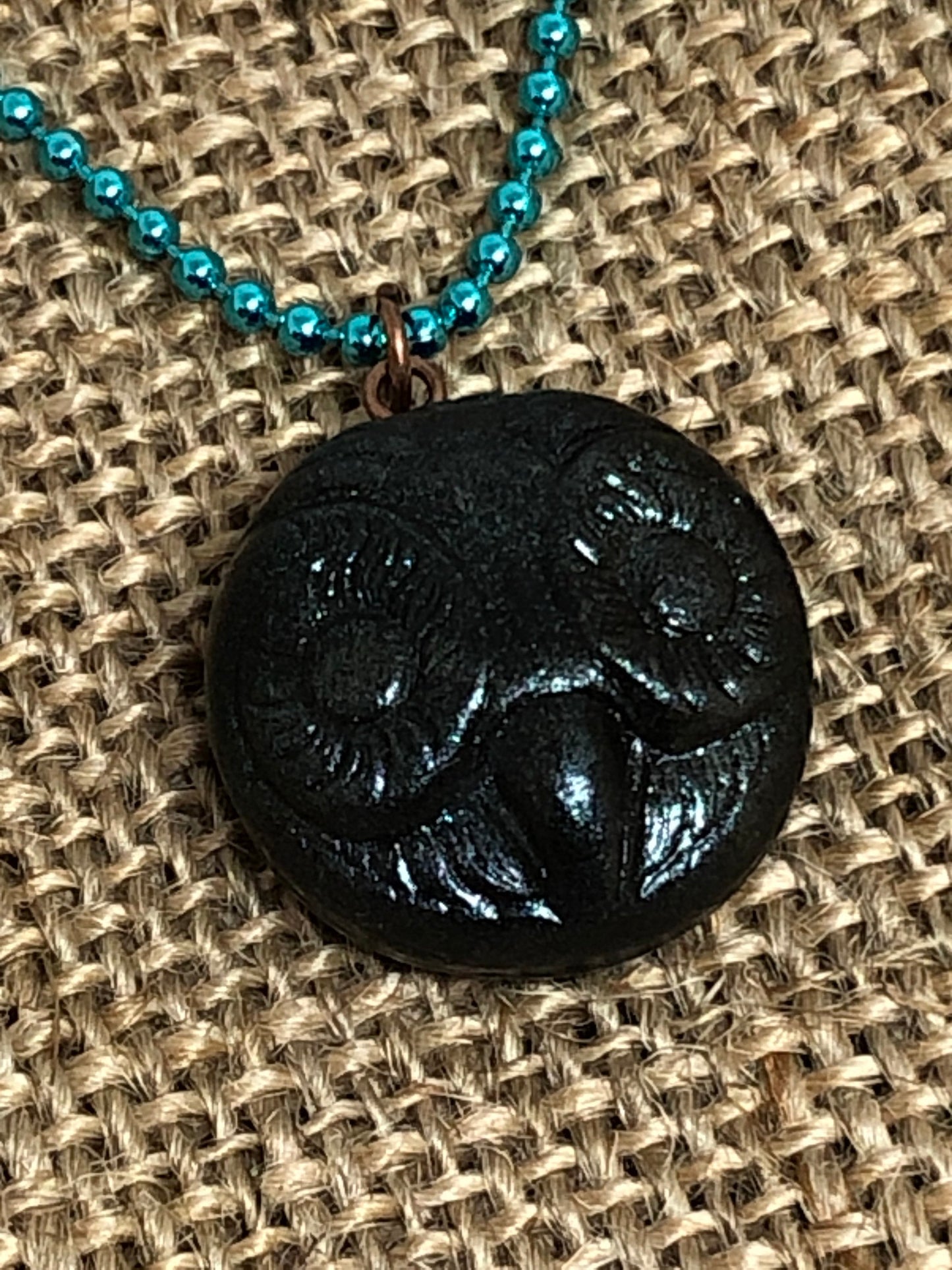 Black and Teal Sparkle Majestic Owl Head Polymer Clay Pendant Necklace