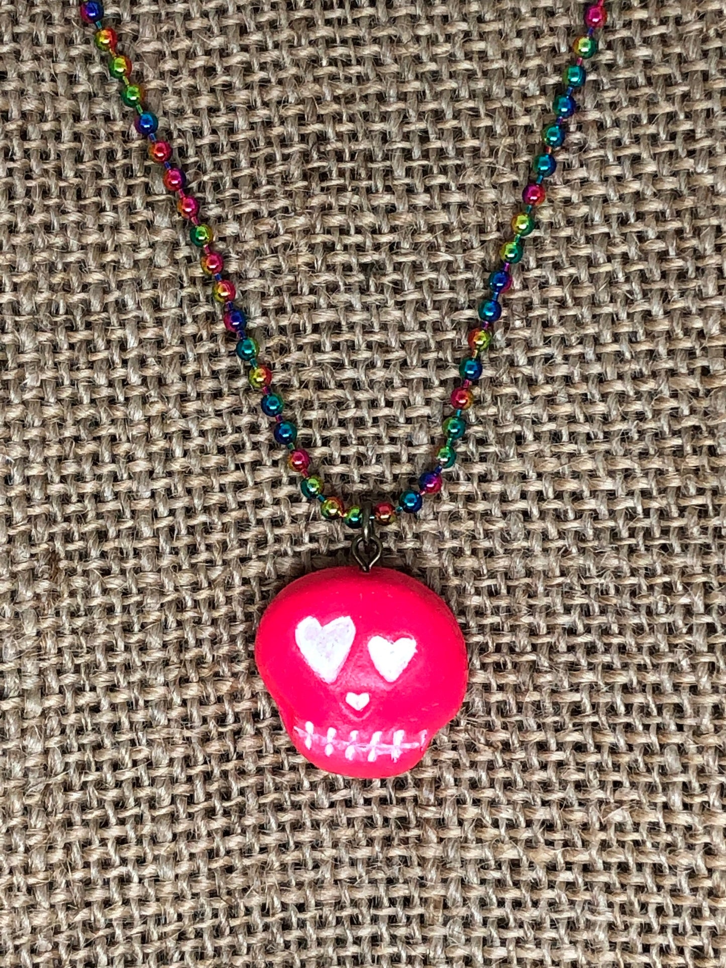 Hot Pink and Rainbow Skeleton Skull Polymer Clay Pendant Necklace