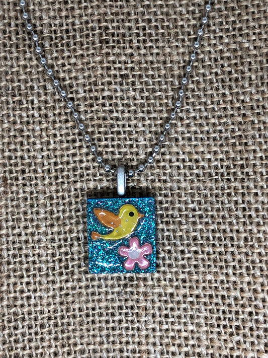 Sweet Bird and Flower Upcycled Game Tile Pendant Necklace