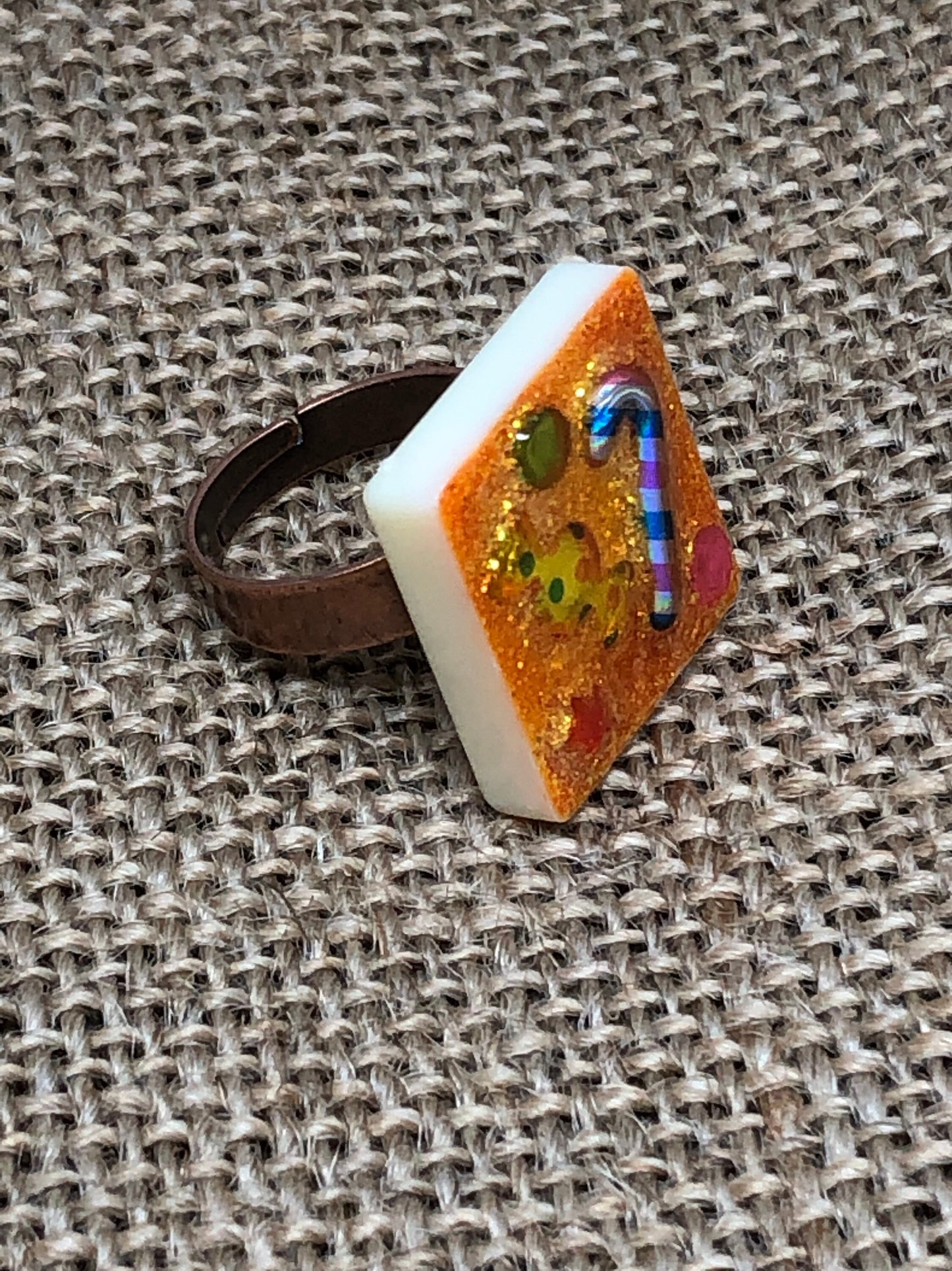 Colorful Candies Glitter Adjustable Statement Ring Made From Upcycled Game Tile