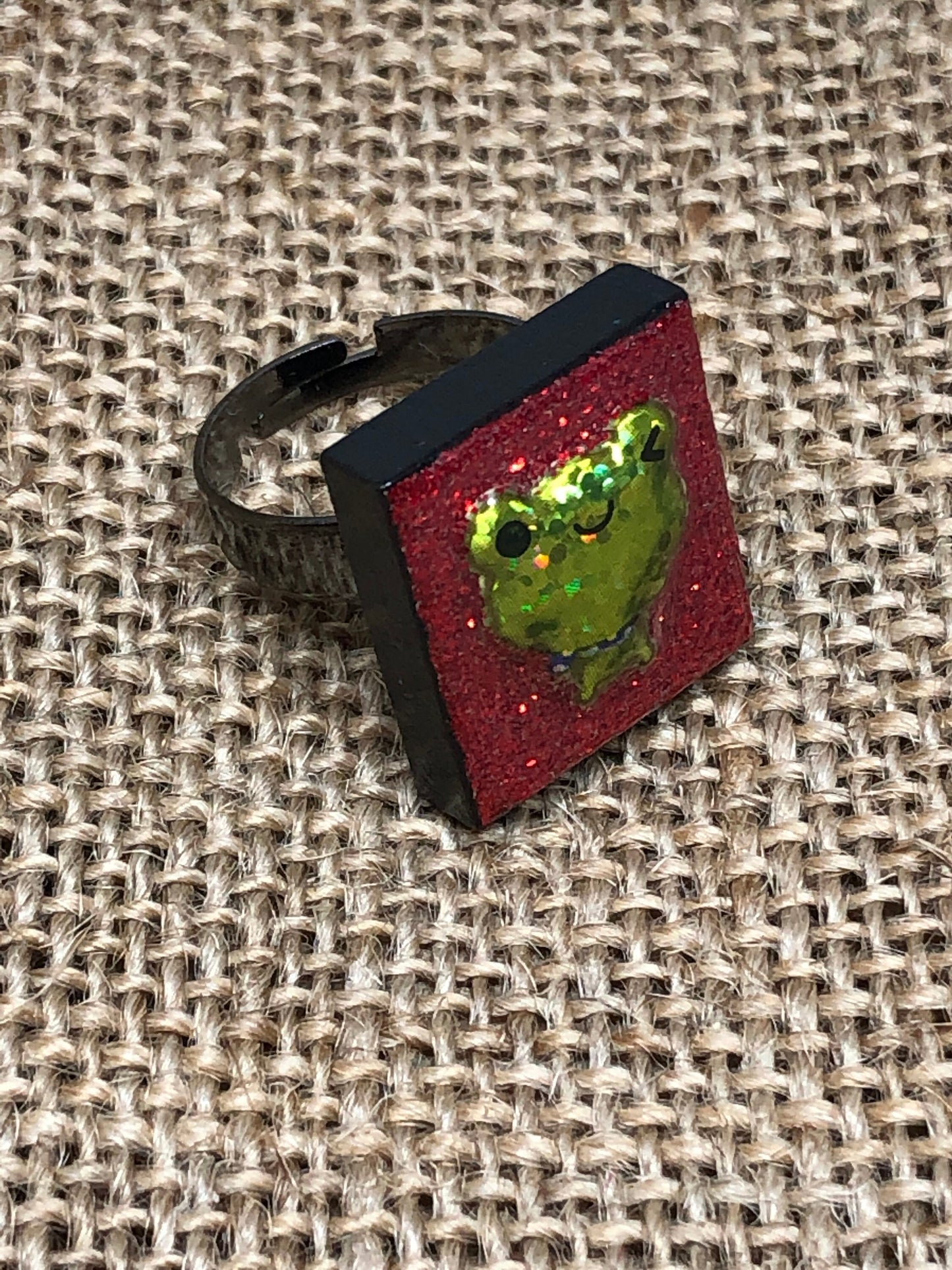 Kawaii Cute Frog Statement Ring Made From Upcycled Game Tile