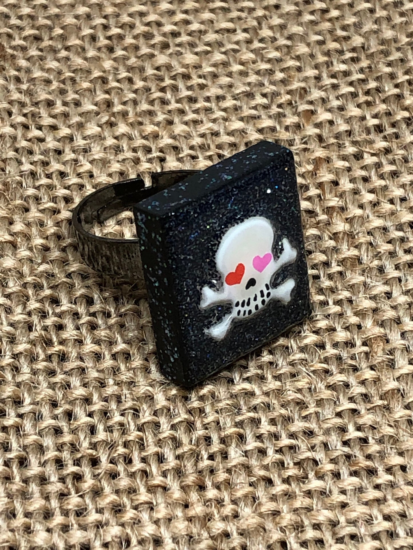 Glittery Skull and Crossbones Statement Ring Upcycled Game Tile Jewelry