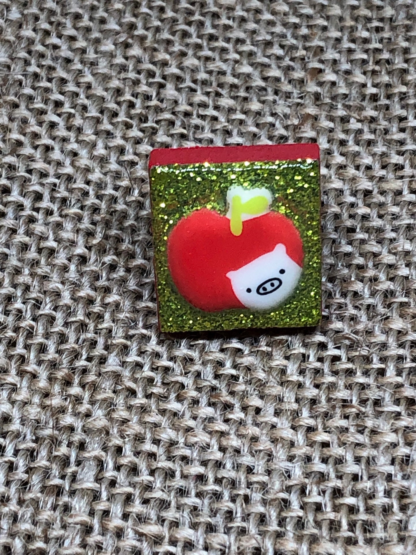 Piggy and Apple Glittery Statement Ring Upcycled Game Tile Jewelry