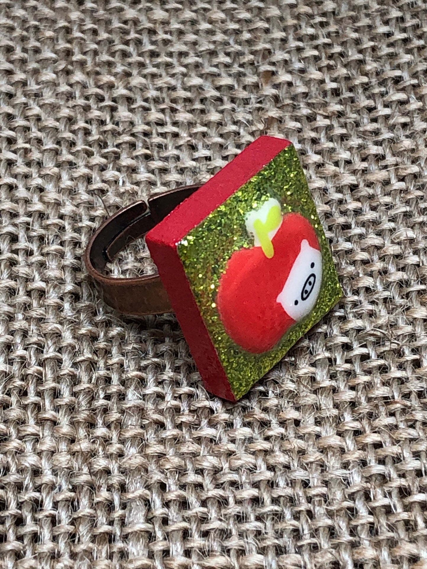 Piggy and Apple Glittery Statement Ring Upcycled Game Tile Jewelry