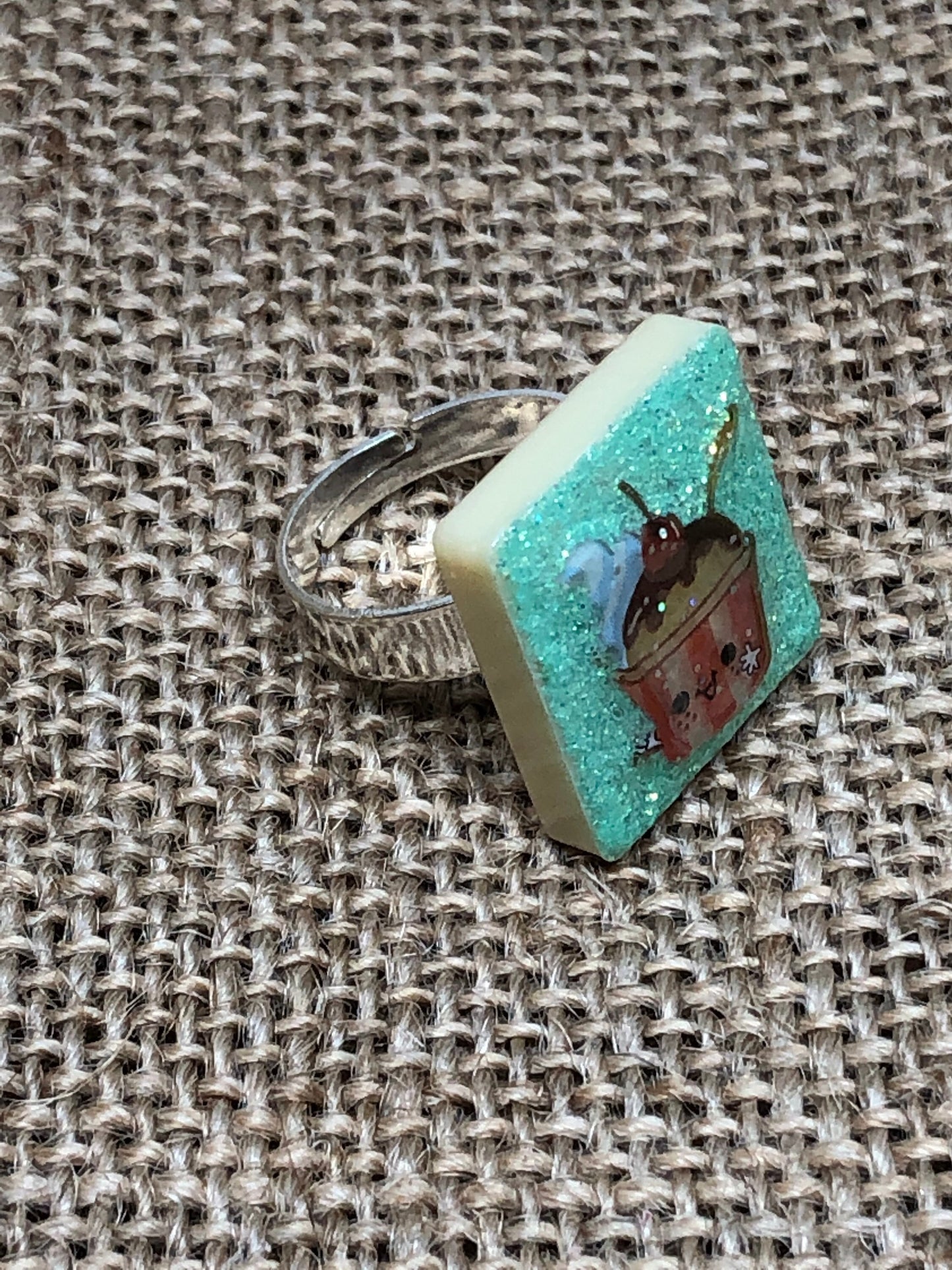 Glittery Happy Ice Cream Sundae Adjustable Ring Sweet Tooth Jewelry