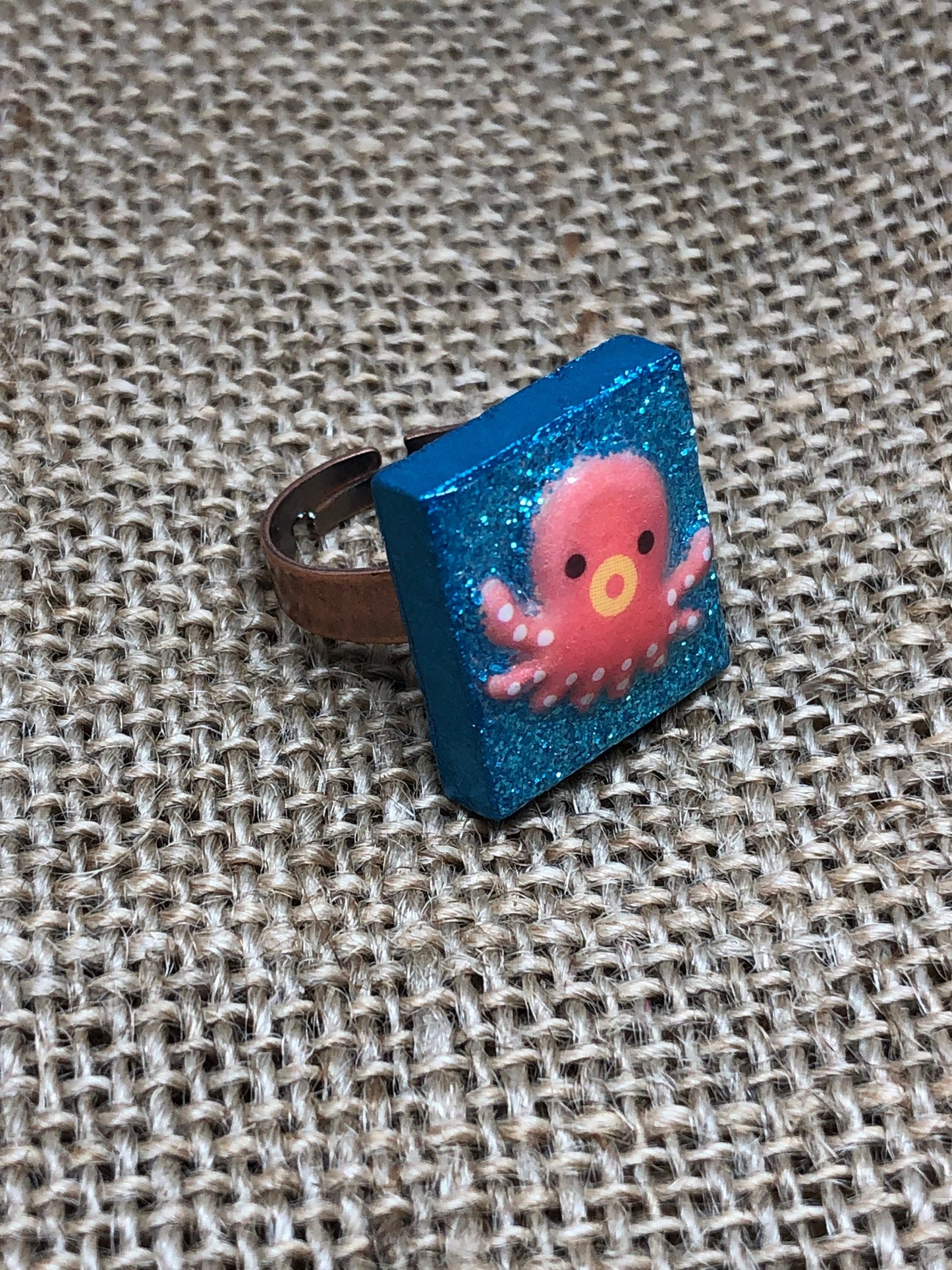 Sweet Swimming Octopus Statement Ring Made From Recycled Game Tile