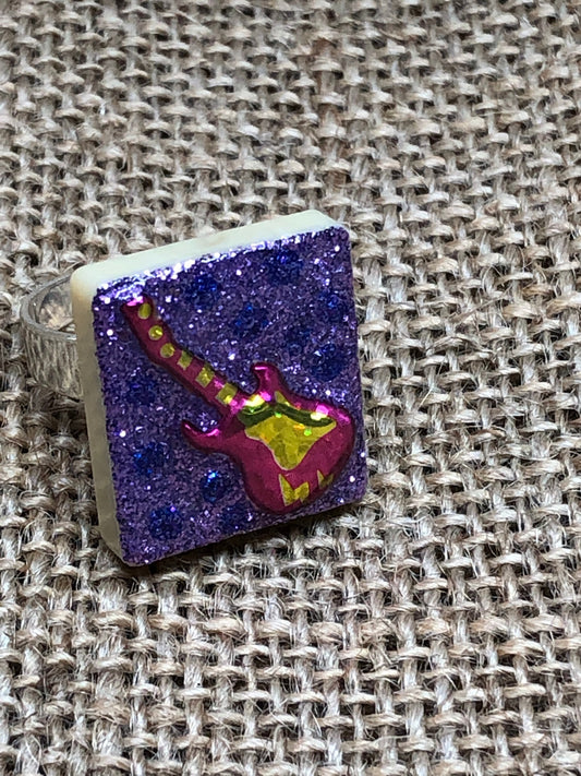 Glittery Guitar Rock And Roll Upcycled Game Tile Adjustable Ring