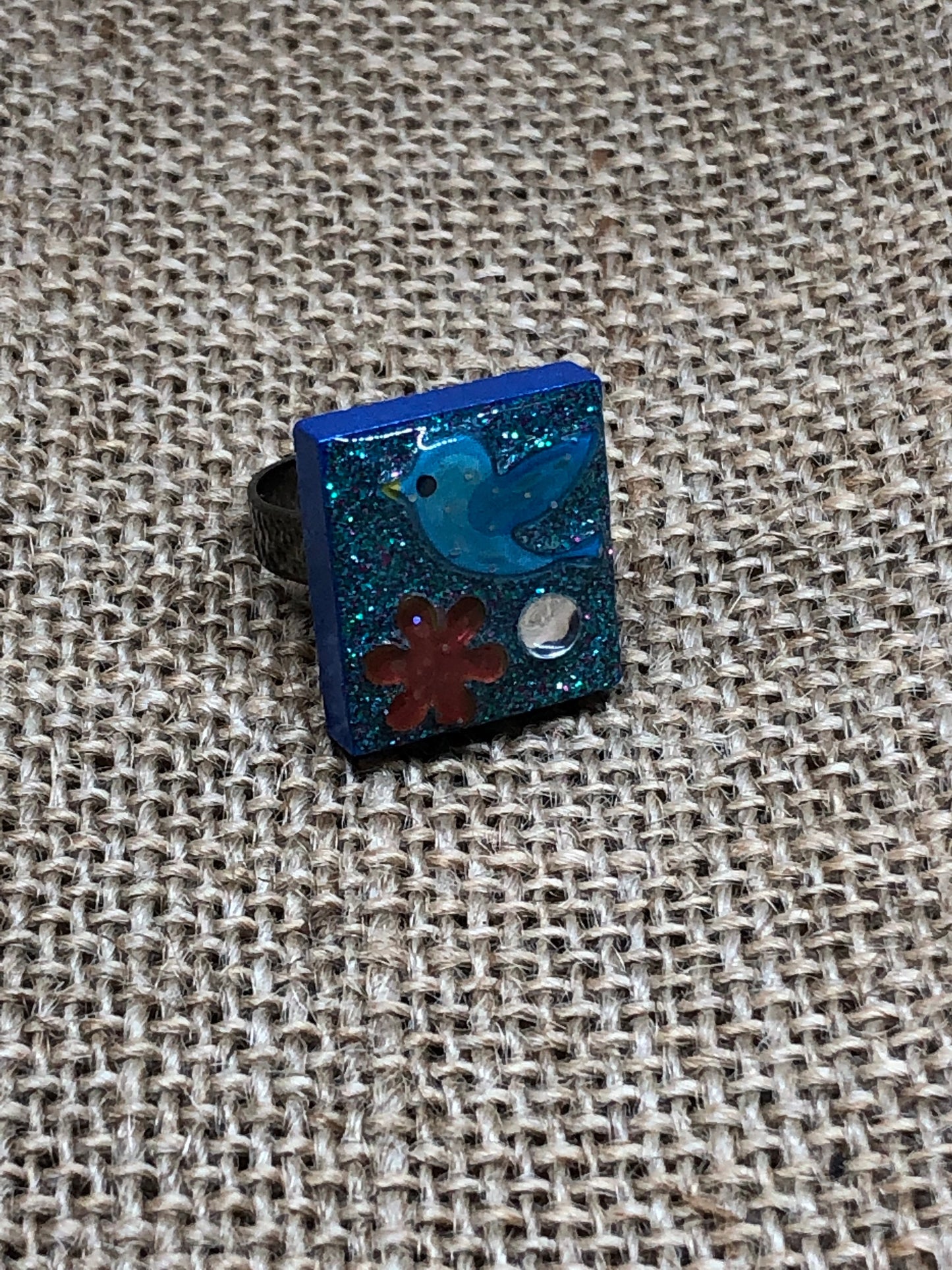 Glitter Bird and Flower Upcycled Game Tile Statement Ring