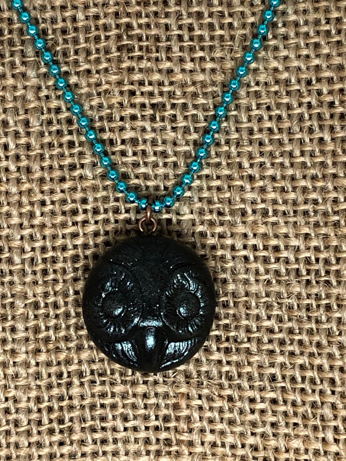 Black and Teal Sparkle Majestic Owl Head Polymer Clay Pendant Necklace