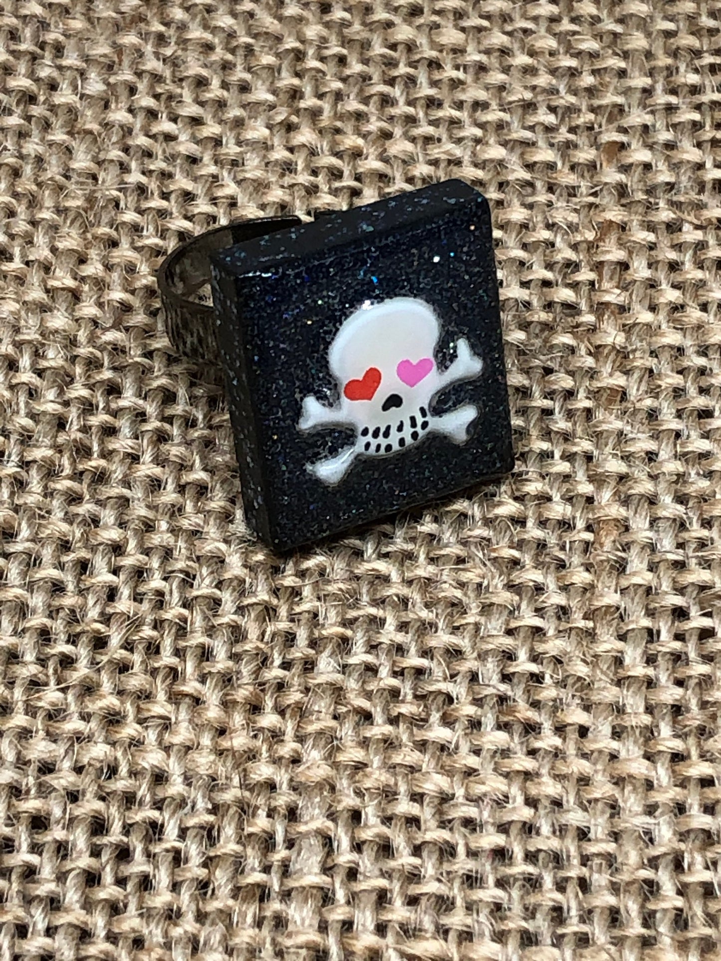 Glittery Skull and Crossbones Statement Ring Upcycled Game Tile Jewelry