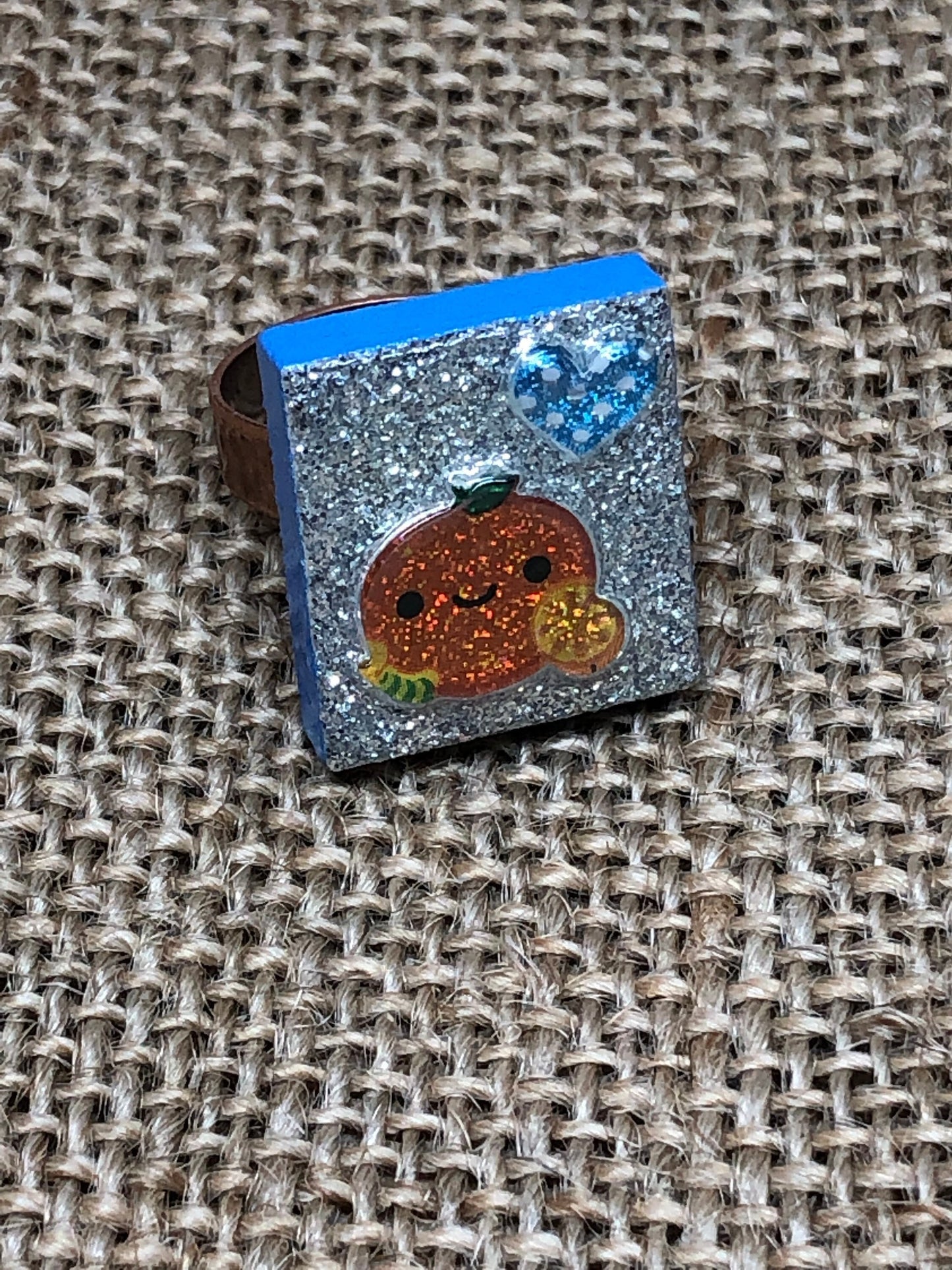 Happy Orange Fruit Glittery Statement Ring Made From Upcycled Game Tile