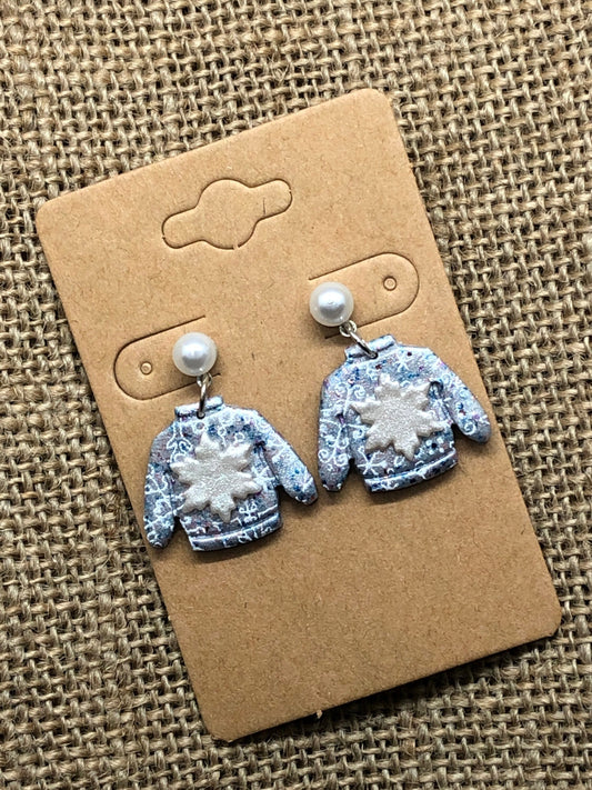 Snowflake and Glitter Ugly Fancy Christmas Sweater Dainty Pearl Dangle Earrings